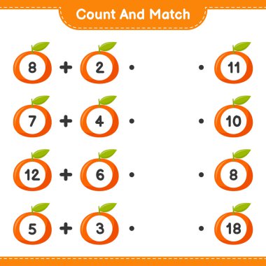 Say ve eşleştir, Tangerin sayısını say ve doğru sayılarla eşleştir. Eğitimsel çocuk oyunu, yazdırılabilir çalışma tablosu, vektör illüstrasyonu
