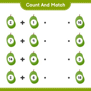 Say ve eşleştir, Jackfruit sayısını say ve doğru sayılarla eşleştir. Eğitimsel çocuk oyunu, yazdırılabilir çalışma tablosu, vektör illüstrasyonu