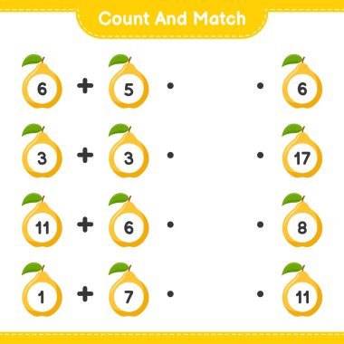 Say ve eşleştir, Quince sayısını say ve doğru sayılarla eşleştir. Eğitimsel çocuk oyunu, yazdırılabilir çalışma tablosu, vektör illüstrasyonu