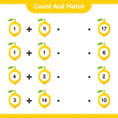 Say ve eşleştir, Lemon 'un sayısını say ve doğru sayılarla eşleştir. Eğitimsel çocuk oyunu, yazdırılabilir çalışma tablosu, vektör illüstrasyonu