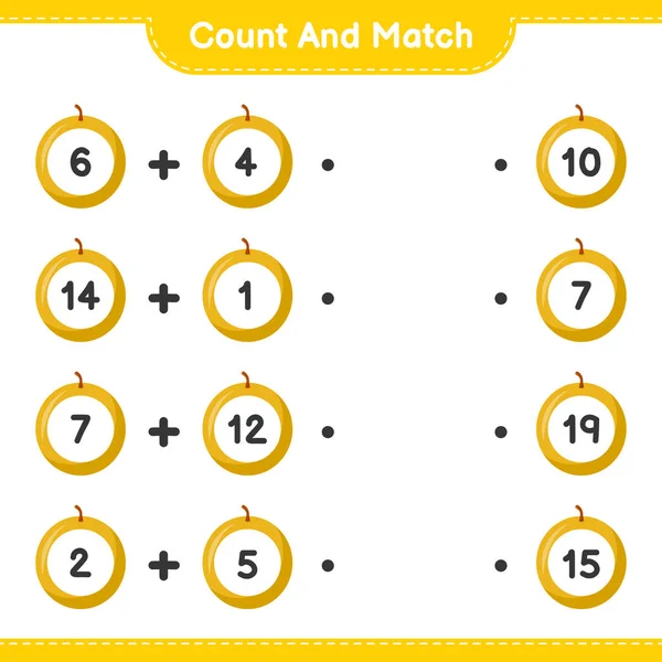 计数和匹配 计数蜂蜜甜瓜的数量 并匹配正确的数字 教育儿童游戏 可打印工作表 矢量图解 — 图库矢量图片