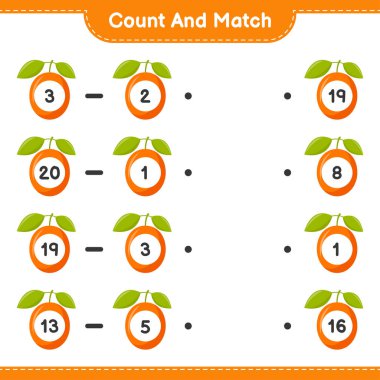 Say ve eşleştir, Ximenia sayısını say ve doğru sayılarla eşleştir. Eğitimsel çocuk oyunu, yazdırılabilir çalışma tablosu, vektör illüstrasyonu