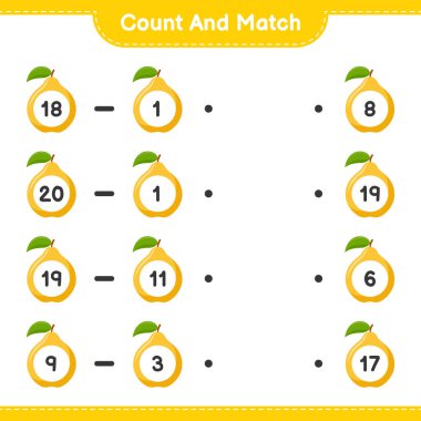 Say ve eşleştir, Quince sayısını say ve doğru sayılarla eşleştir. Eğitimsel çocuk oyunu, yazdırılabilir çalışma tablosu, vektör illüstrasyonu