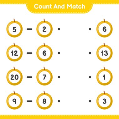 Say ve eşleştir, Honey Melon 'un sayısını say ve doğru sayılarla eşleştir. Eğitimsel çocuk oyunu, yazdırılabilir çalışma tablosu, vektör illüstrasyonu