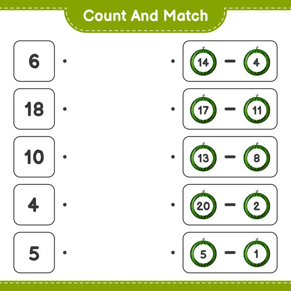 计数和匹配 计数西瓜的数量和匹配与正确的数字 教育儿童游戏 可打印工作表 矢量图解 — 图库矢量图片