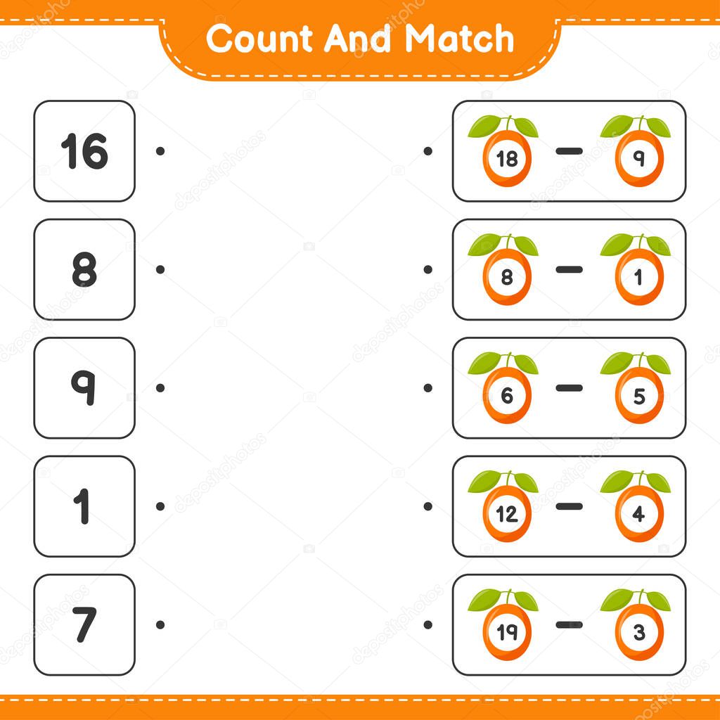Count and match, count the number of Ximenia and match with right numbers. Educational children game, printable worksheet, vector illustration
