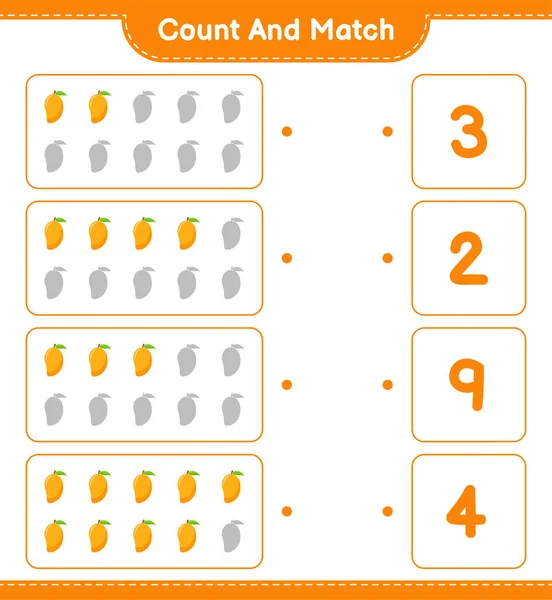 计数和匹配 计数芒果的数量和匹配与正确的数字 教育儿童游戏 可打印工作表 矢量图解 — 图库矢量图片