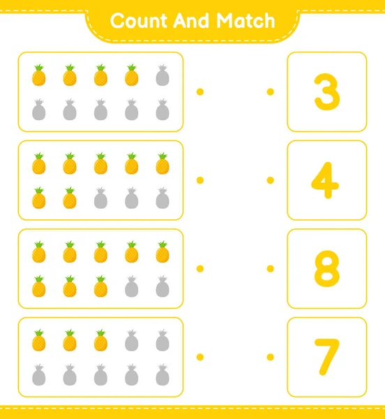 计数和匹配 计数菠萝的数量和匹配与正确的数字 教育儿童游戏 可打印工作表 矢量图解 — 图库矢量图片