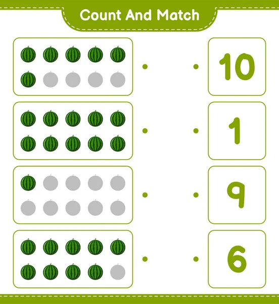 Contar Emparejar Contar Número Sandía Emparejar Con Números Correctos Juego — Vector de stock