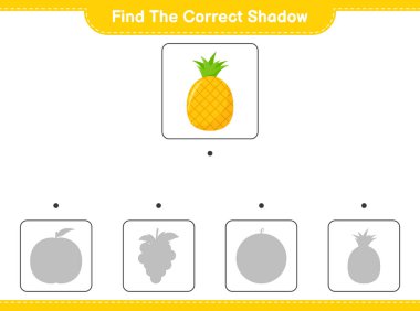 Doğru gölgeyi bul. Ananasın doğru gölgesini bul ve eşleştir. Eğitimsel çocuk oyunu, yazdırılabilir çalışma tablosu, vektör illüstrasyonu