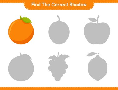 Doğru gölgeyi bul. Orange 'ın doğru gölgesini bul ve eşleştir. Eğitimsel çocuk oyunu, yazdırılabilir çalışma tablosu, vektör illüstrasyonu