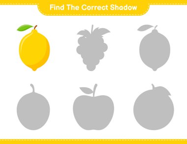 Doğru gölgeyi bul. Lemon 'un doğru gölgesini bul ve eşleştir. Eğitimsel çocuk oyunu, yazdırılabilir çalışma tablosu, vektör illüstrasyonu