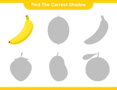 Doğru gölgeyi bul. Muzun doğru gölgesini bul ve eşleştir. Eğitimsel çocuk oyunu, yazdırılabilir çalışma tablosu, vektör illüstrasyonu