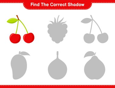 Doğru gölgeyi bul. Cherry 'nin doğru gölgesini bul ve eşleştir. Eğitimsel çocuk oyunu, yazdırılabilir çalışma tablosu, vektör illüstrasyonu
