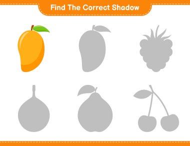 Doğru gölgeyi bul. Mango 'nun doğru gölgesini bul ve eşleştir. Eğitimsel çocuk oyunu, yazdırılabilir çalışma tablosu, vektör illüstrasyonu