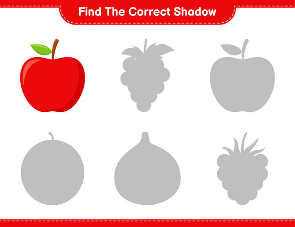 Найдите правильную тень. Найти и подобрать правильную тень Apple. Образовательные игры для детей, печатаемые листы, векторные иллюстрации