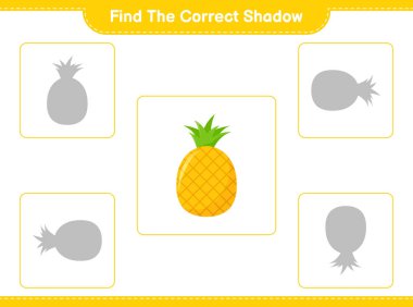 Doğru gölgeyi bul. Ananasın doğru gölgesini bul ve eşleştir. Eğitimsel çocuk oyunu, yazdırılabilir çalışma tablosu, vektör illüstrasyonu