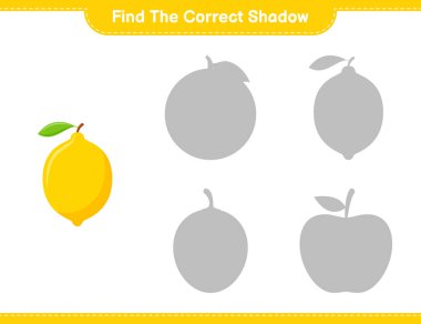 Doğru gölgeyi bul. Lemon 'un doğru gölgesini bul ve eşleştir. Eğitimsel çocuk oyunu, yazdırılabilir çalışma tablosu, vektör illüstrasyonu