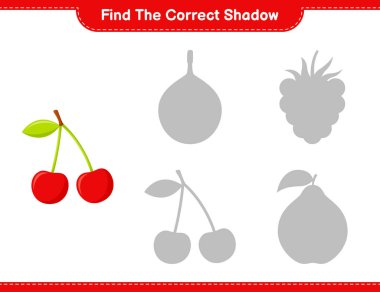 Doğru gölgeyi bul. Cherry 'nin doğru gölgesini bul ve eşleştir. Eğitimsel çocuk oyunu, yazdırılabilir çalışma tablosu, vektör illüstrasyonu