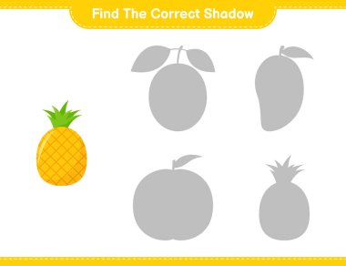 Doğru gölgeyi bul. Ananasın doğru gölgesini bul ve eşleştir. Eğitimsel çocuk oyunu, yazdırılabilir çalışma tablosu, vektör illüstrasyonu