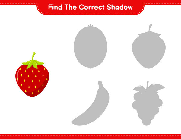 Найдите правильную тень. Найти и соответствовать правильной тени клубники. Образовательные игры для детей, печатаемые листы, векторные иллюстрации