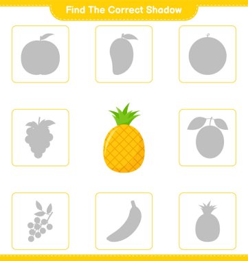 Doğru gölgeyi bul. Ananasın doğru gölgesini bul ve eşleştir. Eğitimsel çocuk oyunu, yazdırılabilir çalışma tablosu, vektör illüstrasyonu