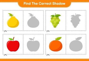 Doğru gölgeyi bul. Meyvelerin doğru gölgesini bul ve eşleştir. Eğitimsel çocuk oyunu, yazdırılabilir çalışma tablosu, vektör illüstrasyonu
