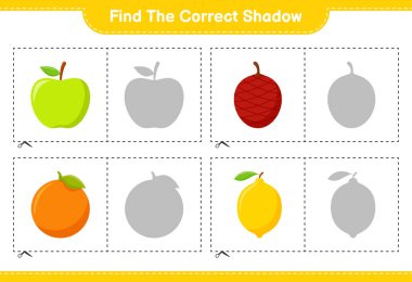 Doğru gölgeyi bul. Meyvelerin doğru gölgesini bul ve eşleştir. Eğitimsel çocuk oyunu, yazdırılabilir çalışma tablosu, vektör illüstrasyonu