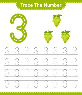 Numarayı takip et. Üzüm numarasının izini sürüyorum. Eğitimsel çocuk oyunu, yazdırılabilir çalışma tablosu, vektör illüstrasyonu