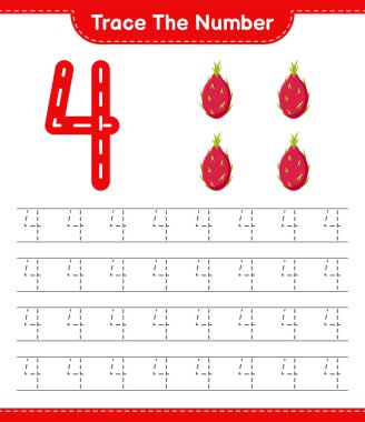 Numarayı takip et. Ejderha Meyvesi 'nin takip numarası. Eğitimsel çocuk oyunu, yazdırılabilir çalışma tablosu, vektör illüstrasyonu