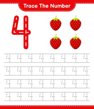 Numarayı takip et. Strawberry 'nin takip numarası. Eğitimsel çocuk oyunu, yazdırılabilir çalışma tablosu, vektör illüstrasyonu