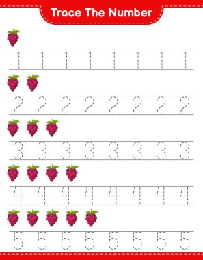 Numarayı takip et. Üzüm numarasının izini sürüyorum. Eğitimsel çocuk oyunu, yazdırılabilir çalışma tablosu, vektör illüstrasyonu