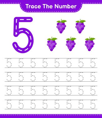 Numarayı takip et. Üzüm numarasının izini sürüyorum. Eğitimsel çocuk oyunu, yazdırılabilir çalışma tablosu, vektör illüstrasyonu