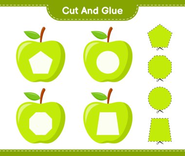 Kes ve yapıştır, Apple 'ın parçalarını kes ve yapıştır. Eğitimsel çocuk oyunu, yazdırılabilir çalışma tablosu, vektör illüstrasyonu