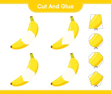 Kes ve yapıştır, Muz parçalarını kes ve yapıştır. Eğitimsel çocuk oyunu, yazdırılabilir çalışma tablosu, vektör illüstrasyonu