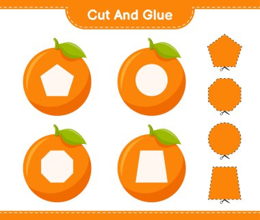 Kes ve yapıştır, Orange 'ın parçalarını kes ve yapıştır. Eğitimsel çocuk oyunu, yazdırılabilir çalışma tablosu, vektör illüstrasyonu