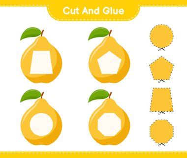 Kes ve yapıştır, Quince 'in parçalarını kes ve yapıştır. Eğitimsel çocuk oyunu, yazdırılabilir çalışma tablosu, vektör illüstrasyonu
