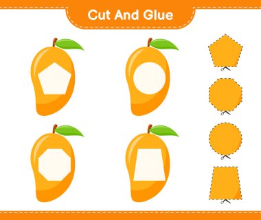 Kes ve yapıştır, Mango parçalarını kes ve yapıştır. Eğitimsel çocuk oyunu, yazdırılabilir çalışma tablosu, vektör illüstrasyonu