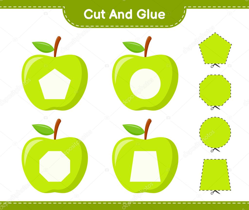 Cut and glue, cut parts of Apple and glue them. Educational children game, printable worksheet, vector illustration