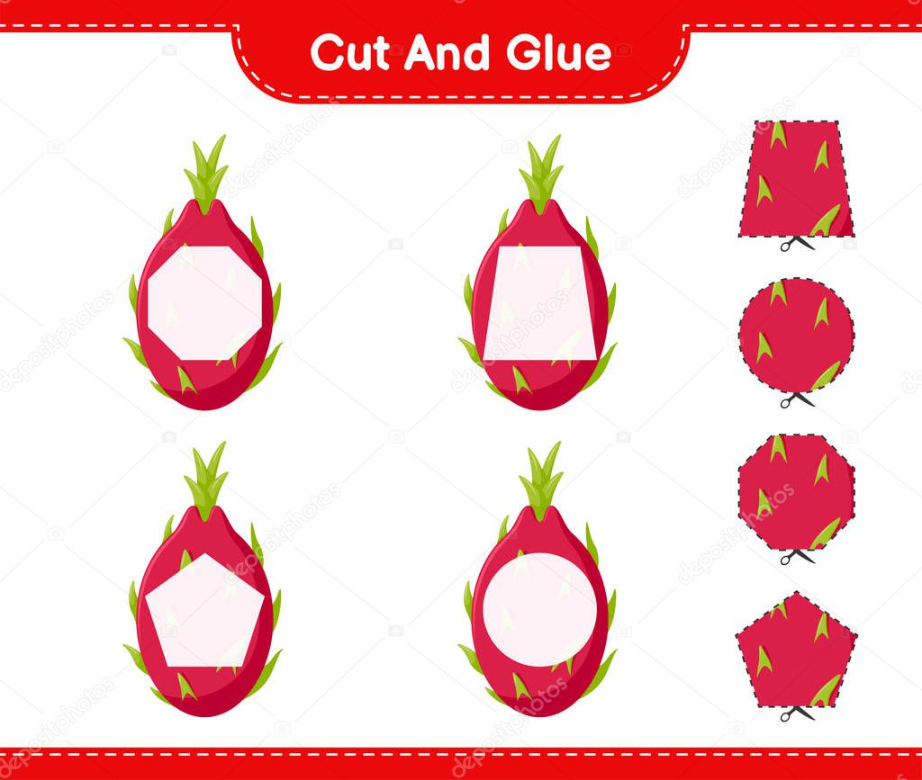 Cut and glue, cut parts of Dragon Fruit and glue them. Educational children game, printable worksheet, vector illustration