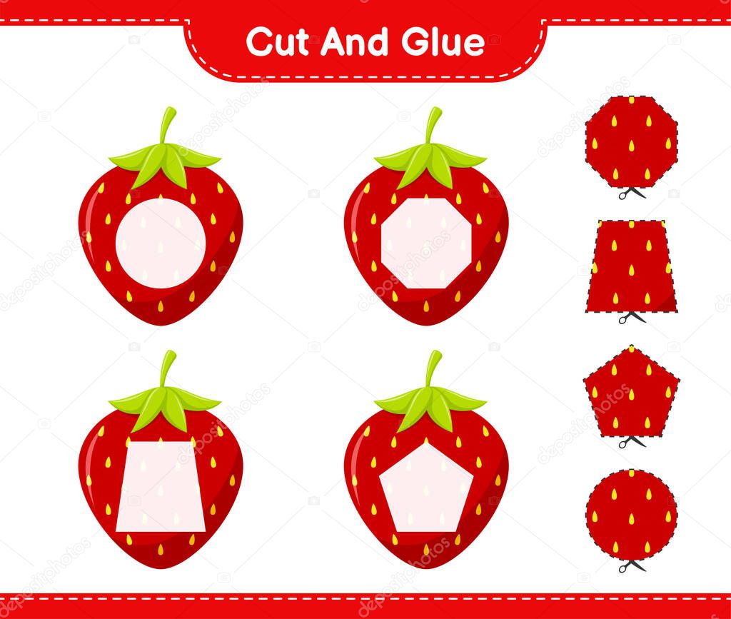 Cut and glue, cut parts of Strawberry and glue them. Educational children game, printable worksheet, vector illustration