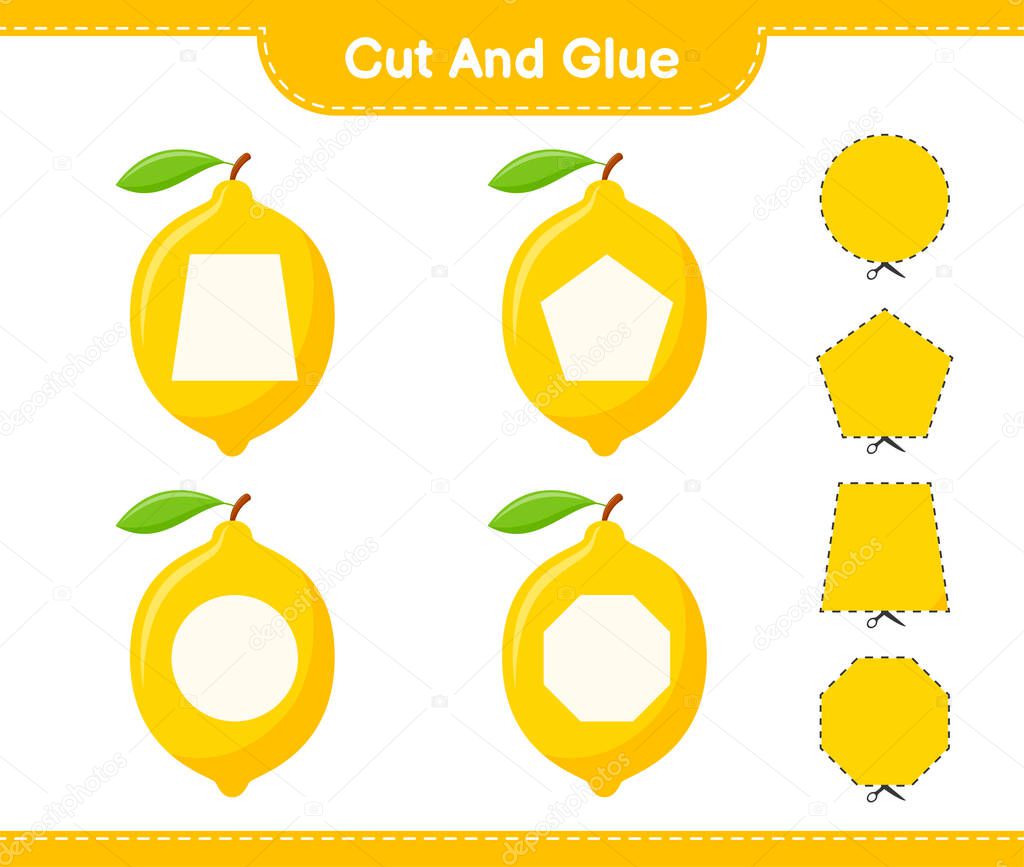 Cut and glue, cut parts of Lemon and glue them. Educational children game, printable worksheet, vector illustration