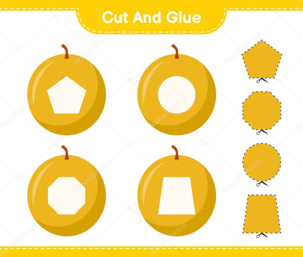 Cut and glue, cut parts of Honey Melon and glue them. Educational children game, printable worksheet, vector illustration