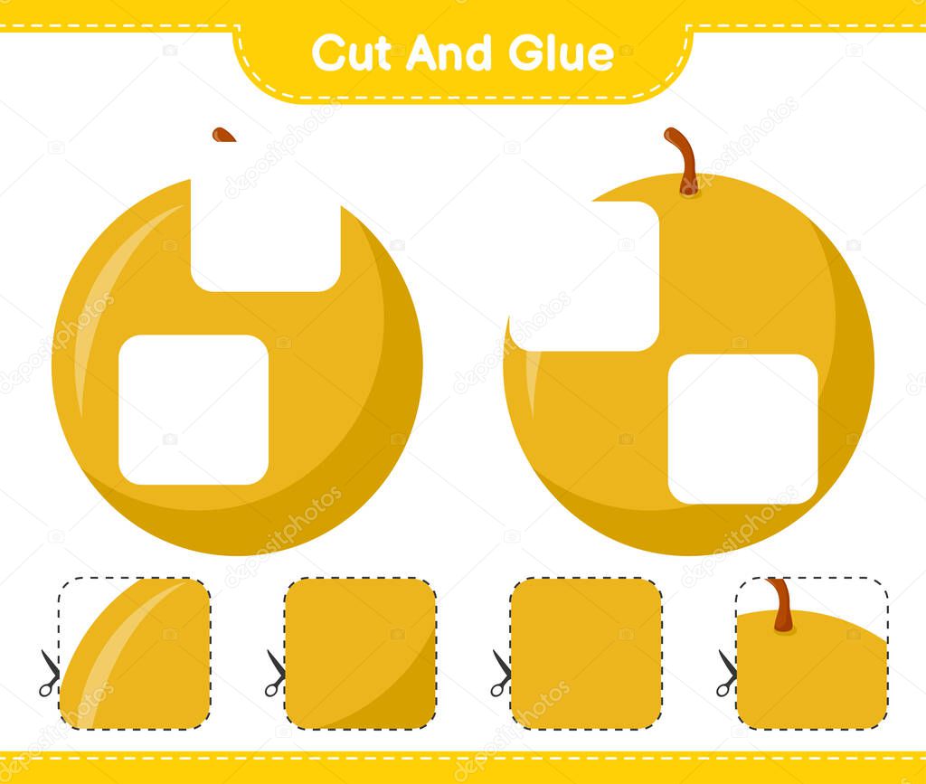 Cut and glue, cut parts of Honey Melon and glue them. Educational children game, printable worksheet, vector illustration