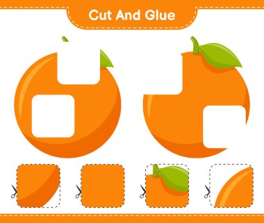 Kes ve yapıştır, Orange 'ın parçalarını kes ve yapıştır. Eğitimsel çocuk oyunu, yazdırılabilir çalışma tablosu, vektör illüstrasyonu