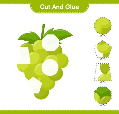 Kes ve yapıştır, Üzüm parçalarını kes ve yapıştır. Eğitimsel çocuk oyunu, yazdırılabilir çalışma tablosu, vektör illüstrasyonu