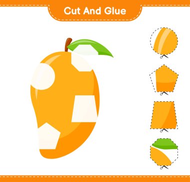 Kes ve yapıştır, Mango parçalarını kes ve yapıştır. Eğitimsel çocuk oyunu, yazdırılabilir çalışma tablosu, vektör illüstrasyonu