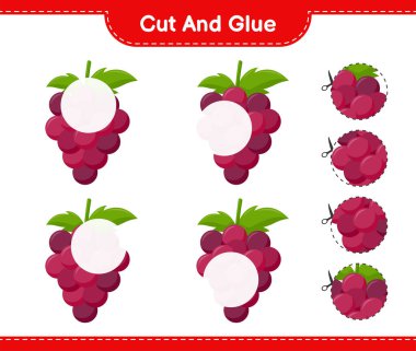Kes ve yapıştır, Üzüm parçalarını kes ve yapıştır. Eğitimsel çocuk oyunu, yazdırılabilir çalışma tablosu, vektör illüstrasyonu