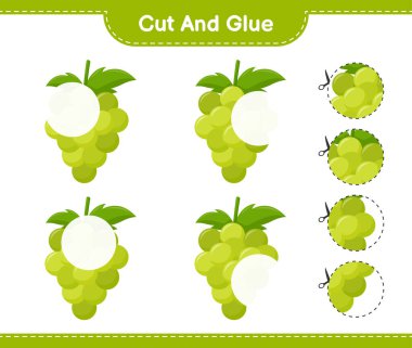 Kes ve yapıştır, Üzüm parçalarını kes ve yapıştır. Eğitimsel çocuk oyunu, yazdırılabilir çalışma tablosu, vektör illüstrasyonu