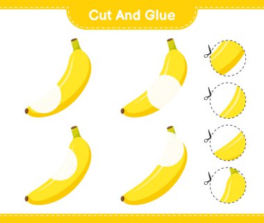 Kes ve yapıştır, Muz parçalarını kes ve yapıştır. Eğitimsel çocuk oyunu, yazdırılabilir çalışma tablosu, vektör illüstrasyonu